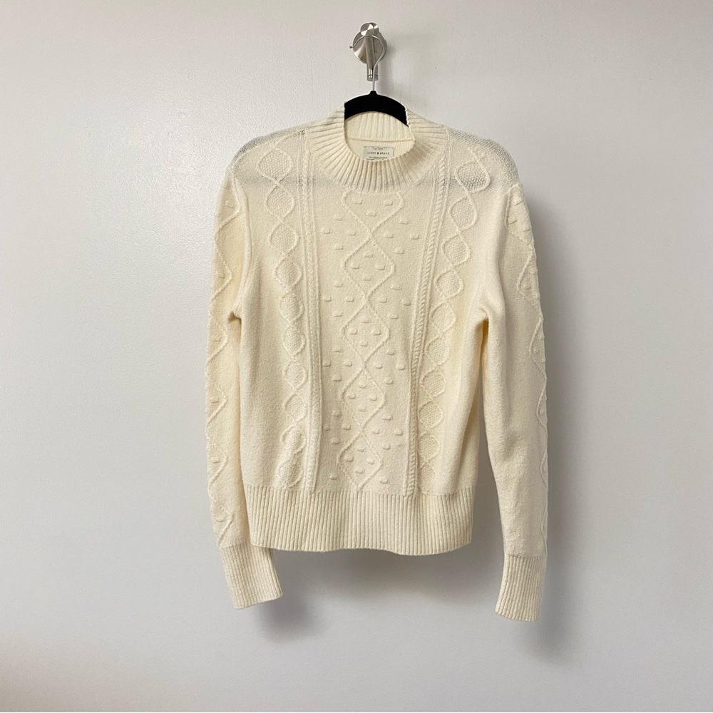 Lucky Brand Casual Chic Preppy Cable Knit Puff Pom Mock Neck Ivory Sweater Large